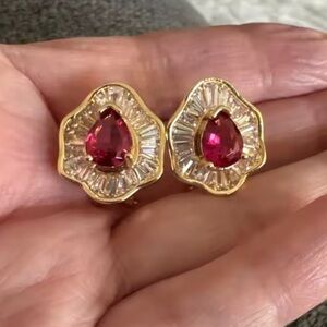 Vintage 18K Gold color and Red Gemstone Earrings